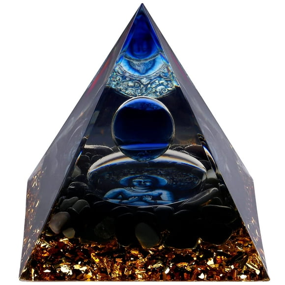 Little Buddha Statue in Healing Crystal Organite Pyramid - Obsidian with Baby Buddha Figurine, Reiki Chakra Meditation Desktop Buddha Statue Indoor, Buddha Statue Outdoor, Buddha Statues for Home