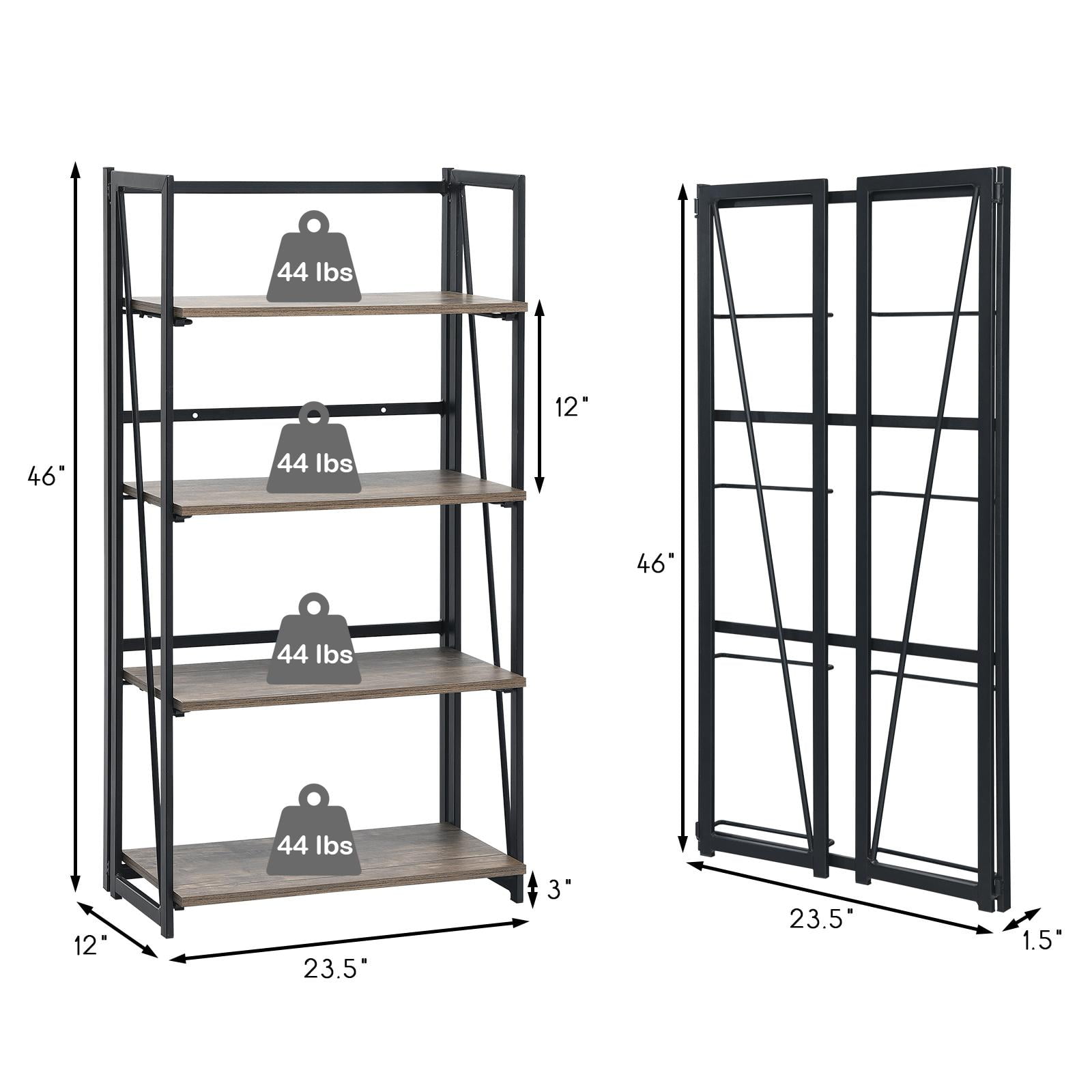 Giantex 4-Tier Folding Bookshelf, No-Assembly Industrial Bookcase, Display Rack & Freestanding Storage Shelves