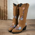 thumbnail image 4 of Floral Embroidery Cowboy Boots for Women Chunky Heel Pointed Toe Riding Mid Calf Boots Pull on Booties, 4 of 8