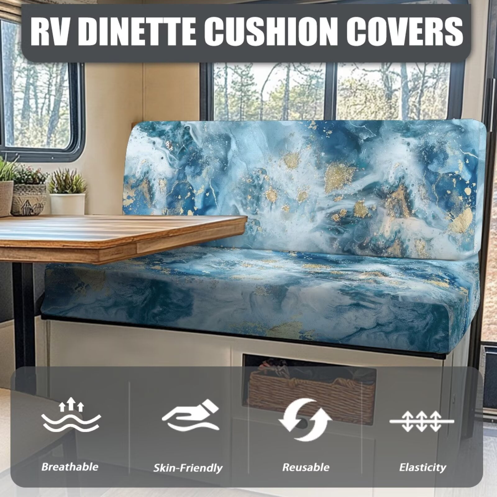 XYZCANDO Blue Marble Print RV Dinette Cushions Washable Camper Decor Stretchable Bench Seat Cover Universal Couch Cover 2 Cushion Sofa Comfortable Slip Covers for Loveseat Blue