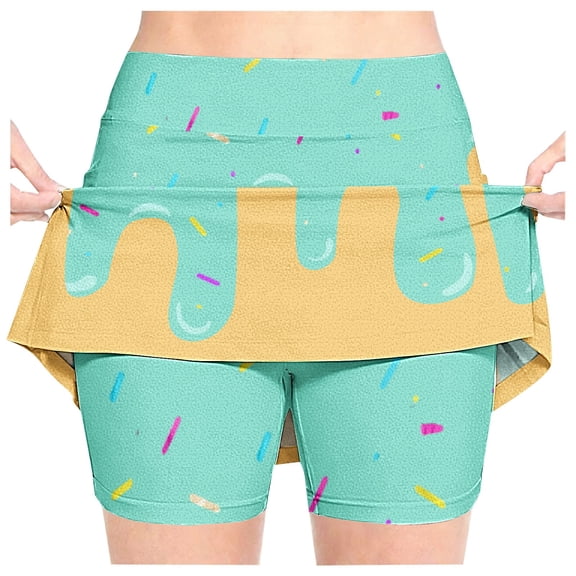 CPNG Girls Skorts Loose Athletic Skirts with Shorts Little Girl Casual Icecream Print High Waisted Stretchy Sporty Skorts