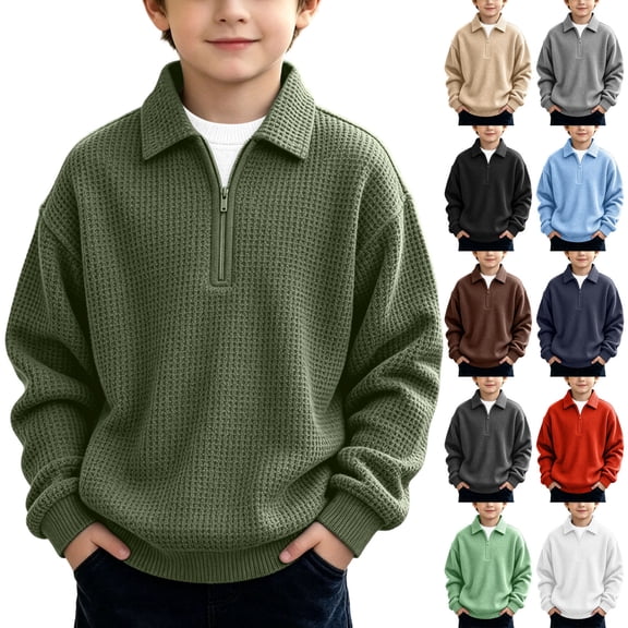 DJDLJWCJ Big Boys Lapel Sweatshirt Half Zip Long Sleeve polo Shirt Solid Color Loose Fit Pullover Tops Gray Size 3T