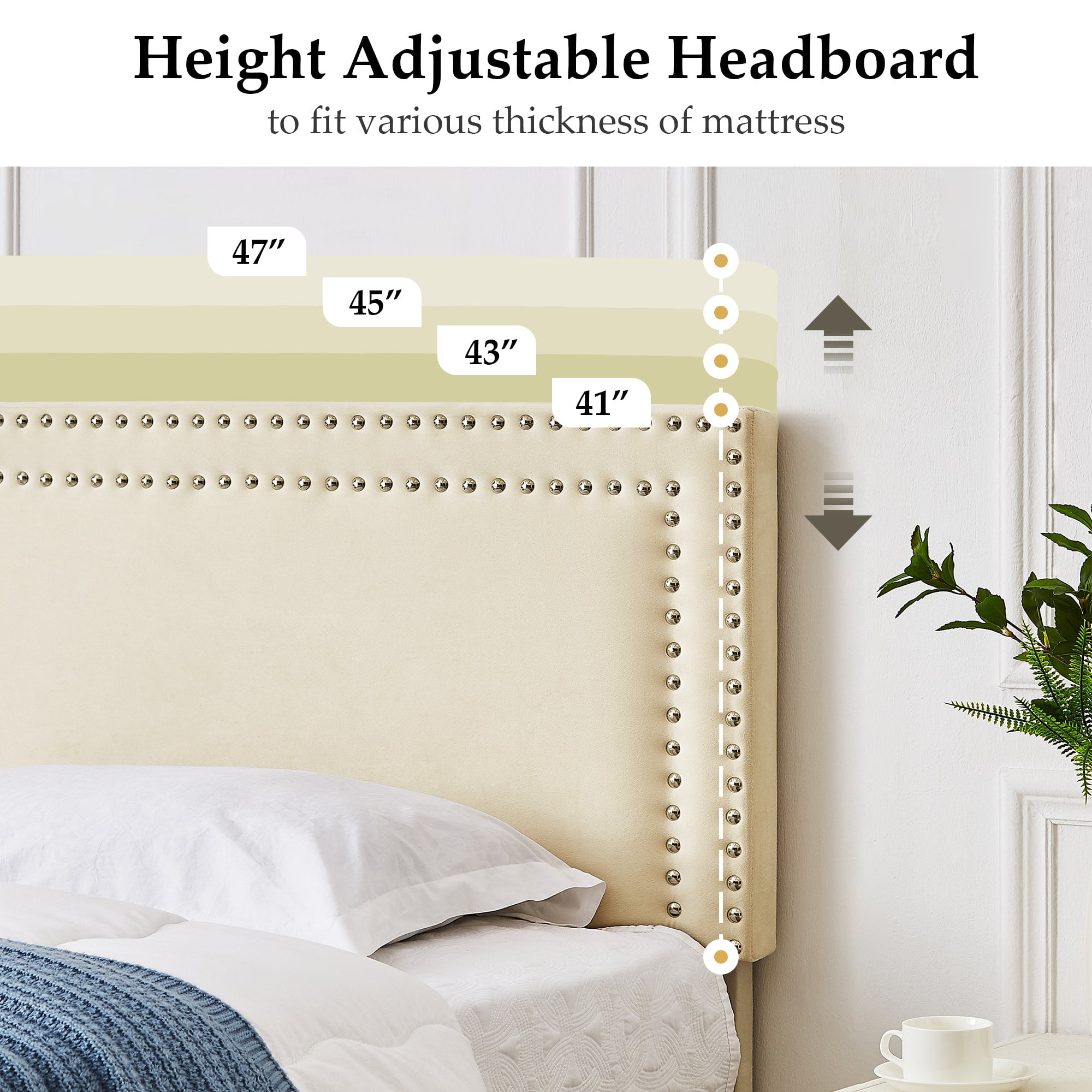 Katkuca Twin Bed Frame, Upholstered Queen Size Platform Bed Frame with Adjustable Headboard, Strong Wood Slat Support, No Box Spring Needed, Beige