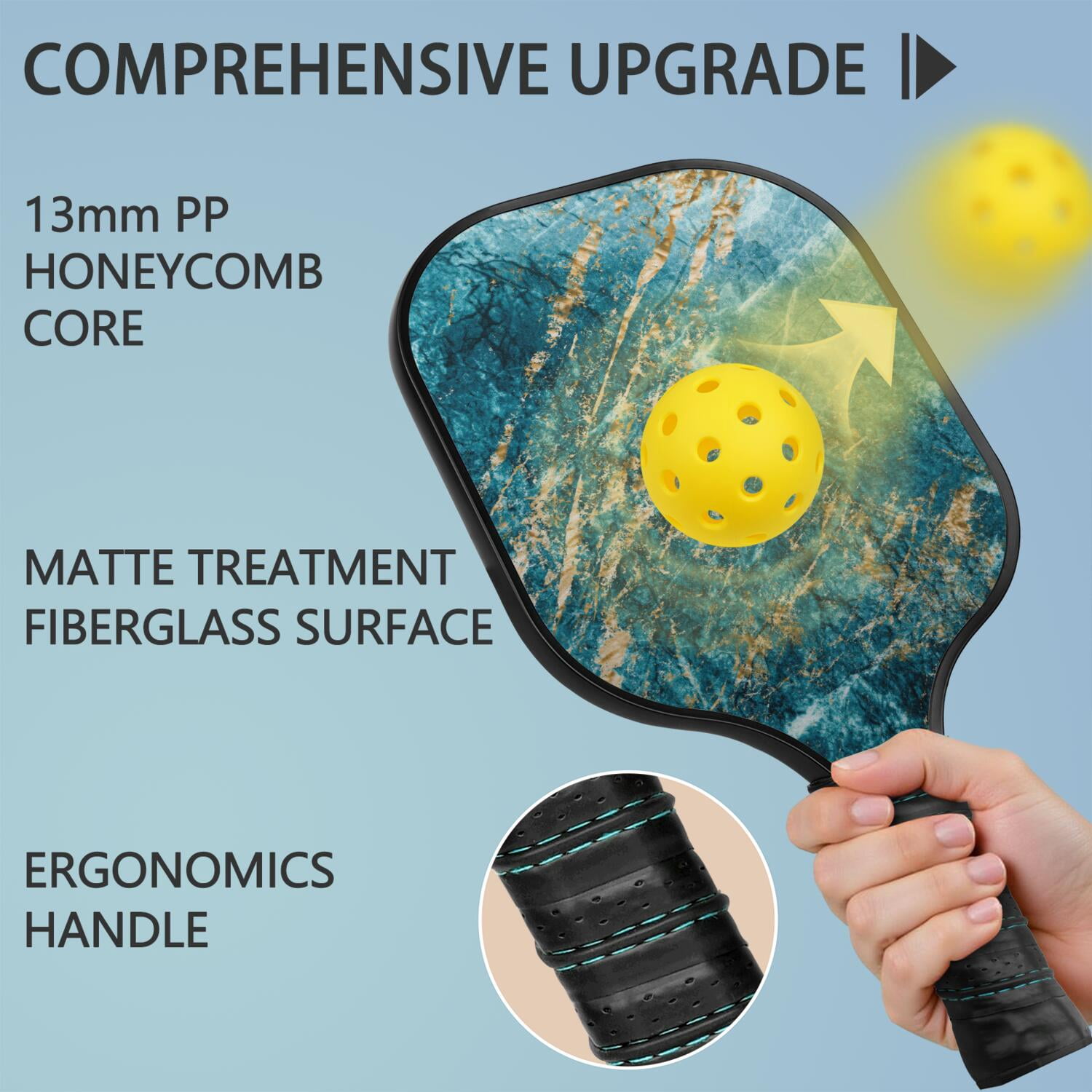 Pickleball Paddles Set Of 2, Fiberglass Surface, Turquoise Marble Pattern, 4 Balls & Bag