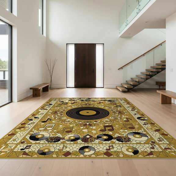 Design&I 8'x10' Washable Area Rug Sleek Flatweave Pet Friendly Music Vinyl Cd Record Vintage Note Mosaic Retro Disc Center Soundwave for King Size Bedroom, Under Bed