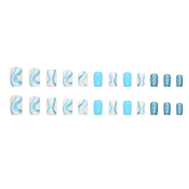 BEBUTTON 24pcs Fake Nails Press on Nails Long Square Nail Tips Dyed Print for Women Girls Fake Nails Glossy and Nail Glue Blue