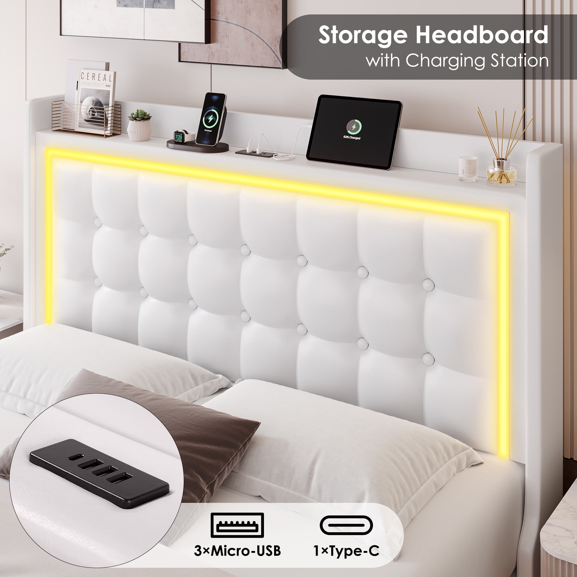 Homfa Full Size Floating Bed with LED Lights Charging Station, Modern PU Upholstered Platform Bed with Storage Headboard, White
