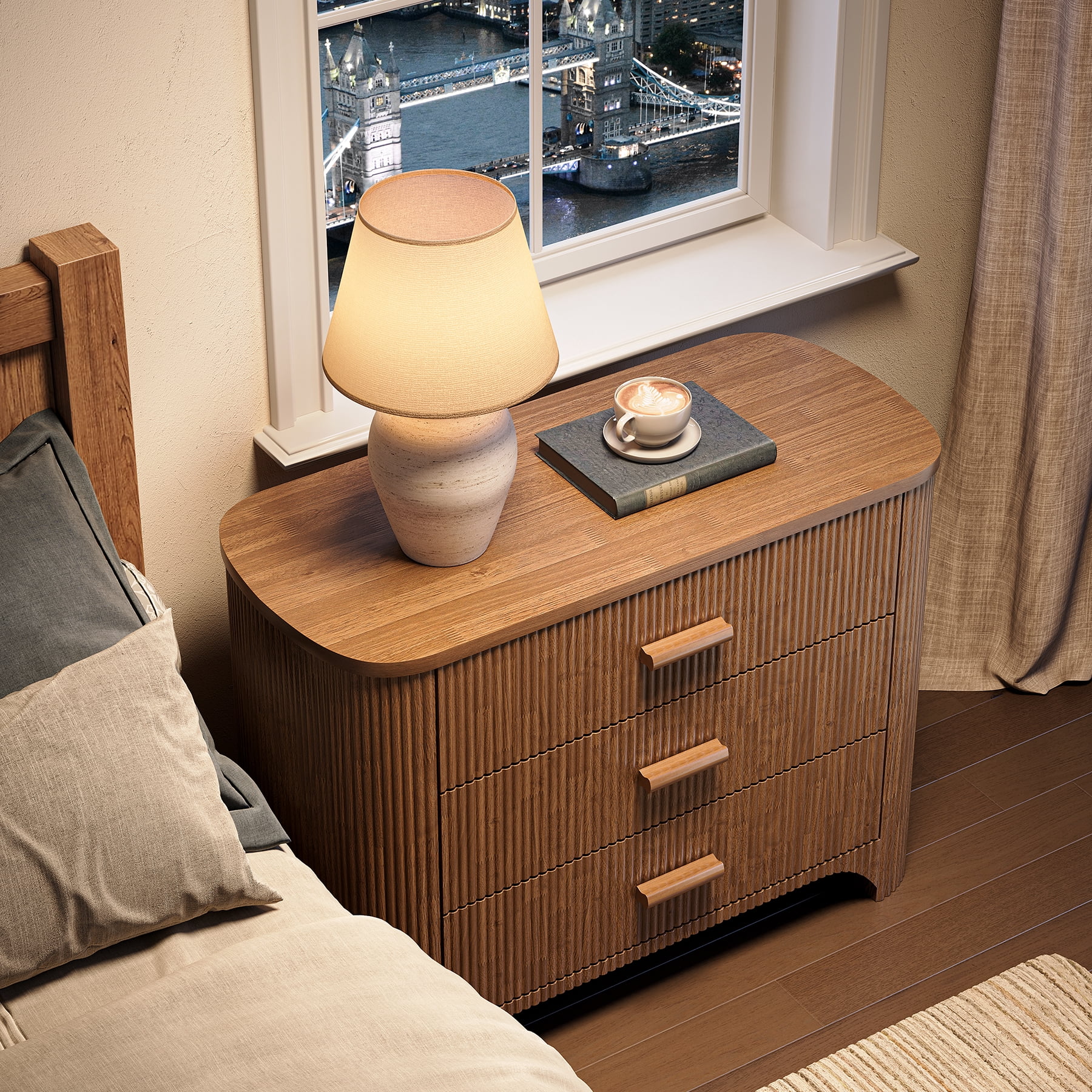 Finmind 31.5" Wide Fluted Nightstands, Oversized 3-Drawer Night Stand, Large Bedside End Table for Bedroom, Living Room