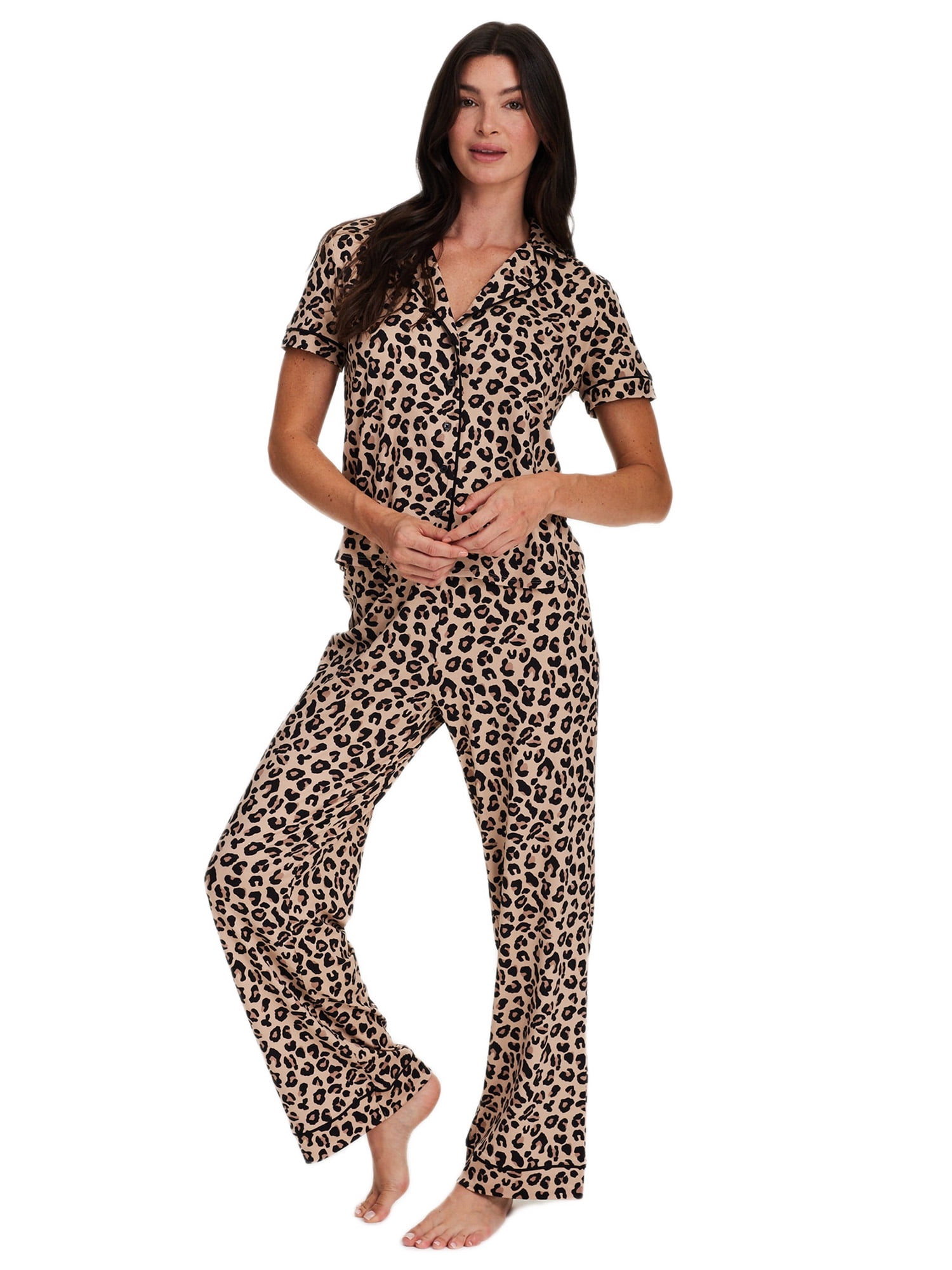 Sleep & Co. Women's & Women's Plus Short Sleeve Fesitve Notch Collar Button Down with Pant Pajama Sleep Lounge Set, 2-Piece, Sizes S-2XL