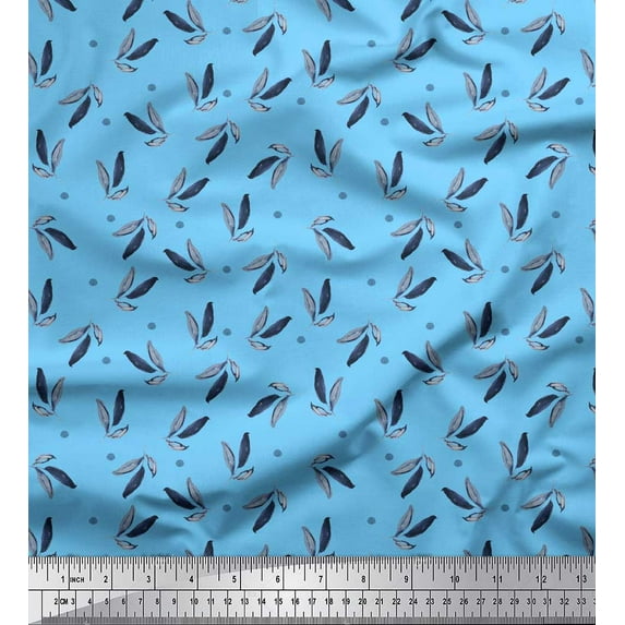 Soimoi Blue Cotton Duck Fabric Dot & Blue Leaf Leaves Print Fabric by Yard 44 Inch Wide