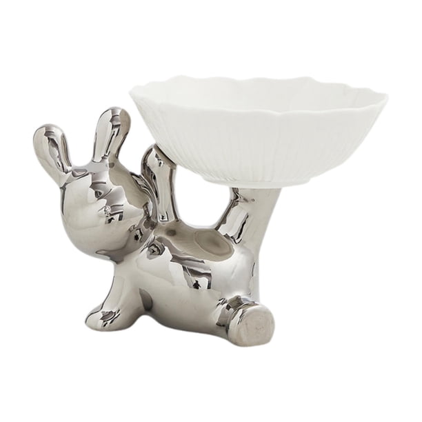 Estatua de conejo con bandeja, figura de cerámica coleccionable, decoración para la entrada. Plata