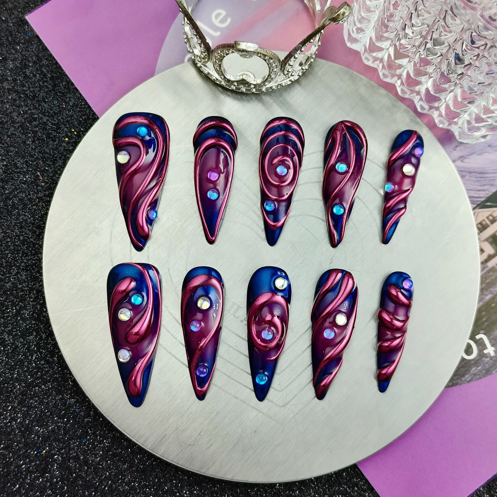 Handmade Press-on Nails with 3D Swirl Design and Rhinestone Accents