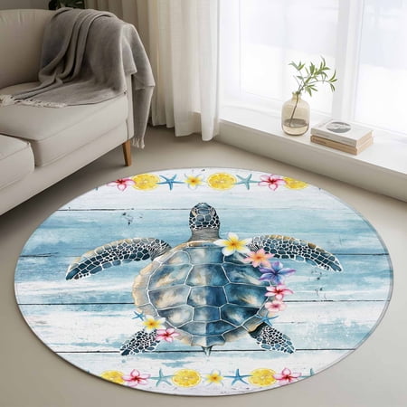 Area Rug 48in Nautical Sea Turtle Blue Ocean Floor Carpet Living Room Rug Summer Lemon Flower Non-Slip Welcome Mat Indoor Rugs for Bedroom Dining Room