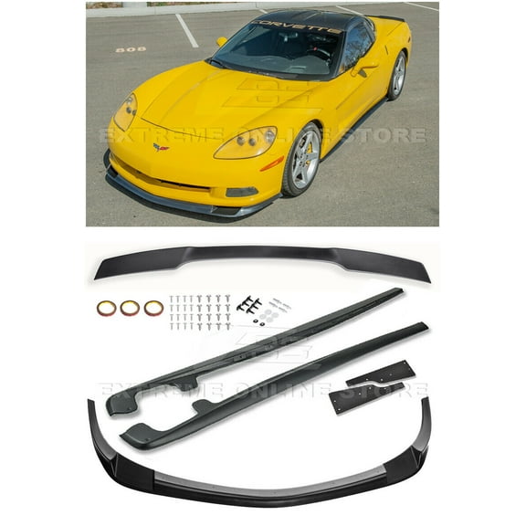 For 2005-2013 Chevrolet Corvette C6 Base Models | EOS ZR1 Style ABS Plastic PRIMER BLACK Front Bumper Lip Splitter With Side Skirt Panels Mud Flaps Pair & Painted Black Rear Spoiler Wing COMBO KIT