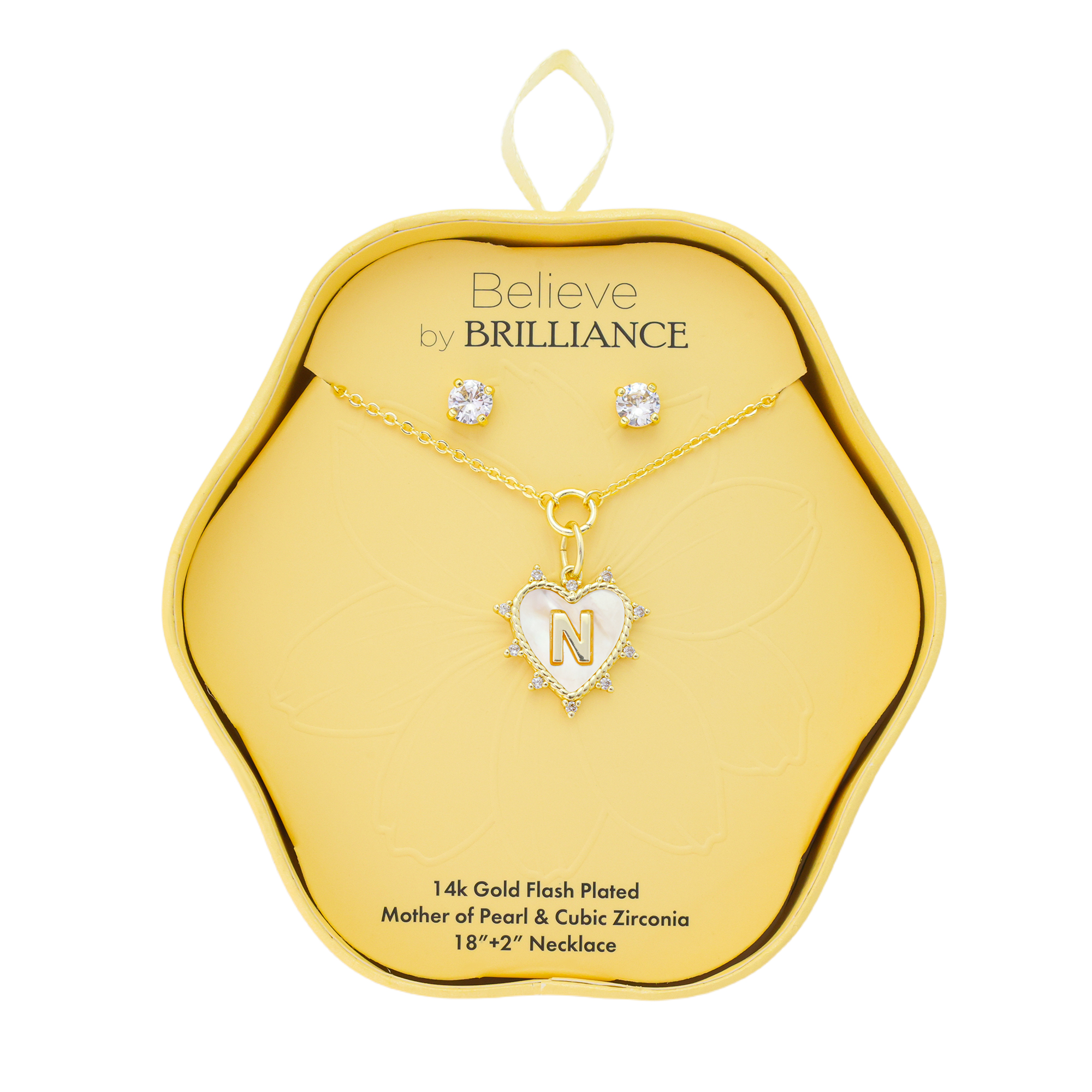 Believe by Brilliance Women's 14Kt Gold Flash Plated Mother of Pearl and Cubic Zirconia Heart "N" Necklace and Earring Set