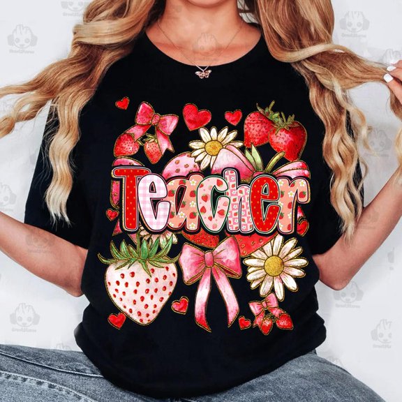 Retro Teacher Strawberry Glitter T-shirt, Cute Strawberry Floral Teacher T-shirt, Preppy Teacher Summer T-shirt, Boho Floral Teacher T-shirt.