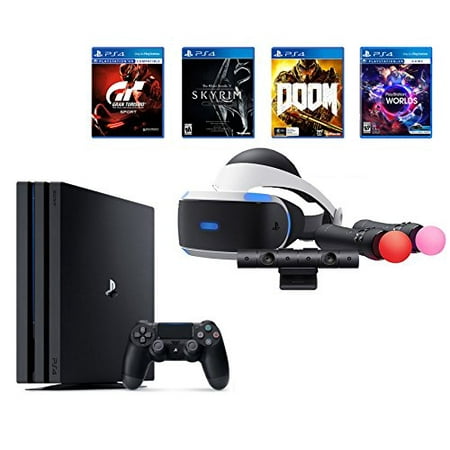 PlayStation PS4 Pro Bundle (6 Items): VR Starter Bundle, PS4 Pro 1TB Console= Jet Black, 4 Game Discs: Gran Turismo Sport, Skyrim, Doom, and VR Worlds