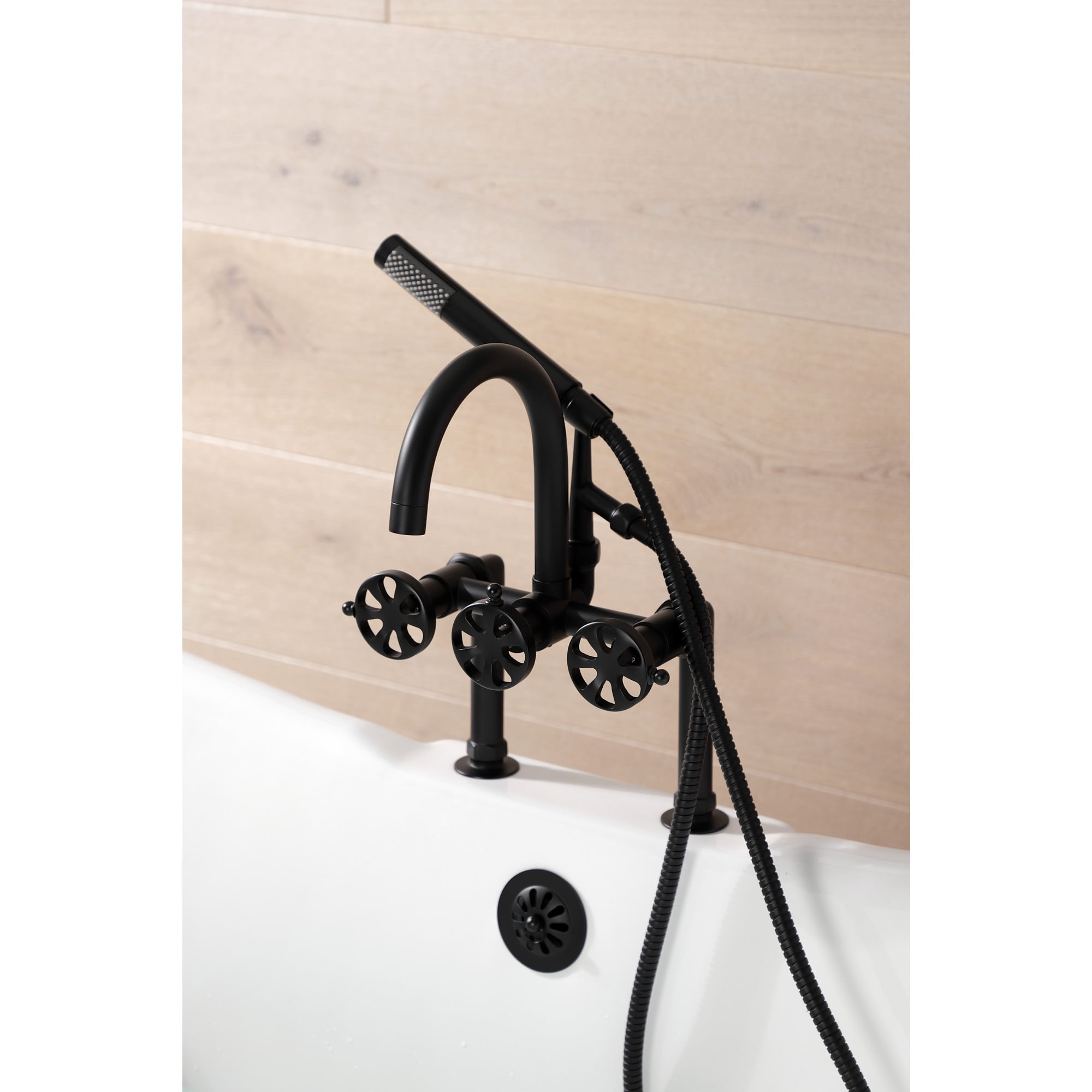 Kingston Brass AE8100RX Belknap Three-Handle 2-Hole Deck-Mount Clawfoot Tub Faucet with Hand Shower in Matte Black