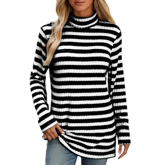Bibifish Womens T-Shirts Casual Striped Print High Neck Long Sleeve Tshirts Oversized Fit Soft Autumn Cozy Basic Tee Shirts For Ladies