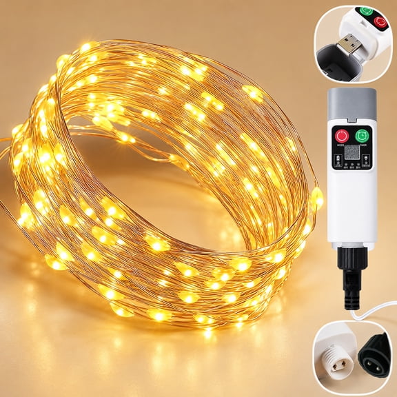 Rechargeable Christmas Copper Wire String Lights with Remote & Timer,8 Modes Waterproof USB Twinkle Lights for Indoor Wedding Party Xmas Decor Warm White (12M/39.37ft 120LED)