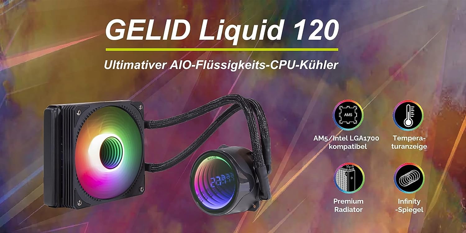 Gelid Solutions CC-AIO-120-A Liquid 120 CPU AIO Water Cooler 120mm RGB Fan 750-1800 RPM AM5 & LGA 1700 Compatible