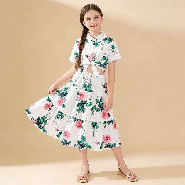 Conjunto de falda y top corto con estampado floral y solapa de manga corta para niña + falda con cintura elástica Conjunto de falda dulce diaria Conjunto de poliéster para niña
