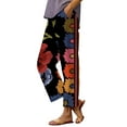 thumbnail image 2 of Women's Casual Pants Women'S Casual Boho Floral Print Stripe Cotton Linen Pants Elastic Waisted Summer Spring Beach Baggy,Black Women's Casual Pants M, 2 of 4