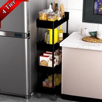 Djiypn Slim Storage Cart 4 Tier, Bathroom Organizer Rolling Utility, Mobile Shelving Unit Slide Out for Office, Kitchen, Bathroom, Laundry Room, Narrow Places, Black