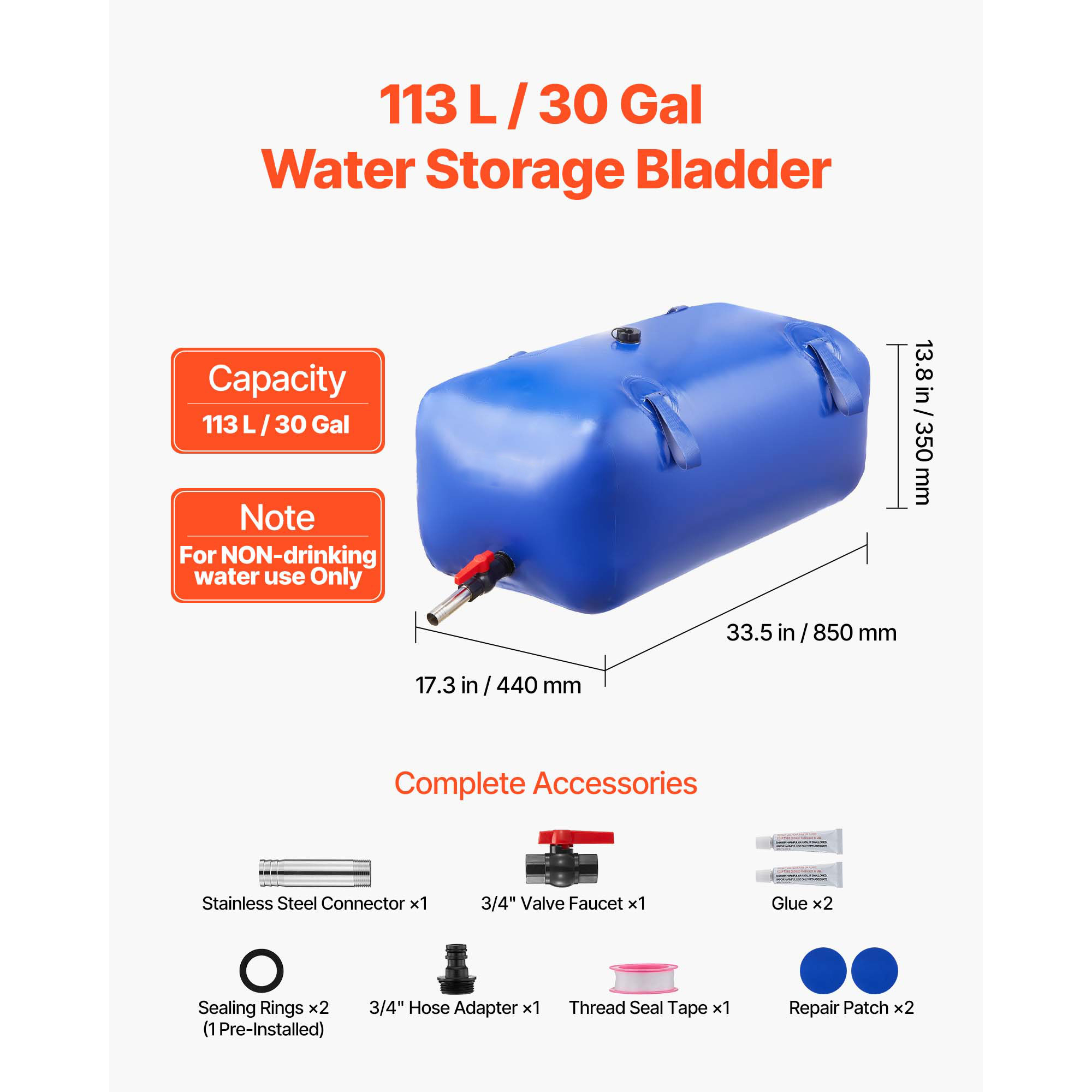 KFFKFF 30-Gallon Portable Water Storage Bladder, Collapsible and Durable PVC Water Bag for Emergency Use, RVs, Trucks, and Outdoor Activities