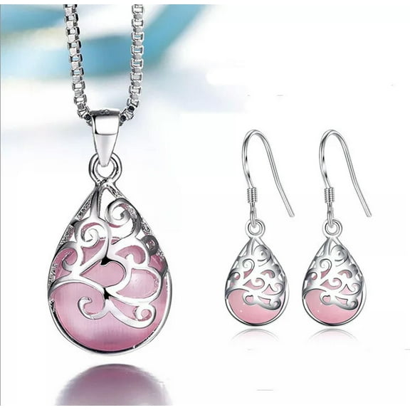 GKNET Women Pink Opal Water Drop 925 Sterling Silver Earrings Necklace Sets Jewelry
