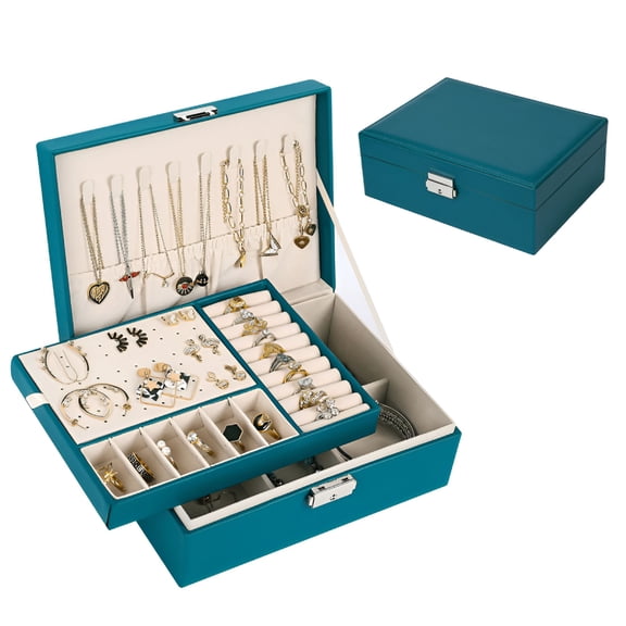 LAMIRO Jewelry Box for Women, Leather with Lock 2 Layer Portable Jewelry Organizer and Box Storage Case Necklaces Bracelets Rings Earring Holder Green