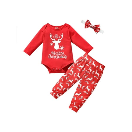 

TheFound 3Pcs Newborn Baby Boy Girl My First Christmas Clothes Long Sleeve Romper Bodysuit+Deer Print Pants Outfits