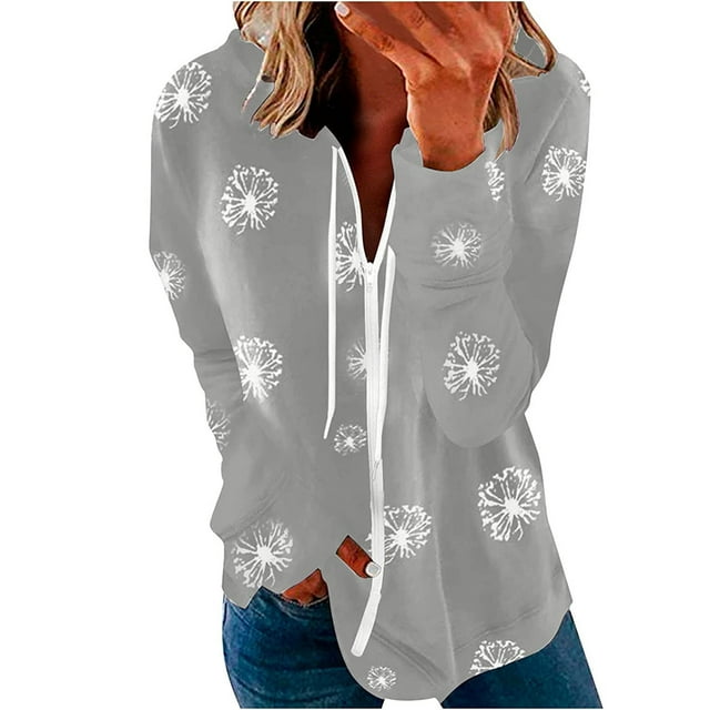 Pompotops Women Dandelions Printing Hooded Long Sleeve Zipper Drawstring Shirts Tops Coat