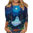 thumbnail image 2 of Yeaiivve Halloween 3/4 Sleeve Tops for Women Ghost Moon Printed Plus Size T-Shirts Soft Casual Crewneck Tee Comfy Breathable Holiday Party Blouse L, 2 of 5