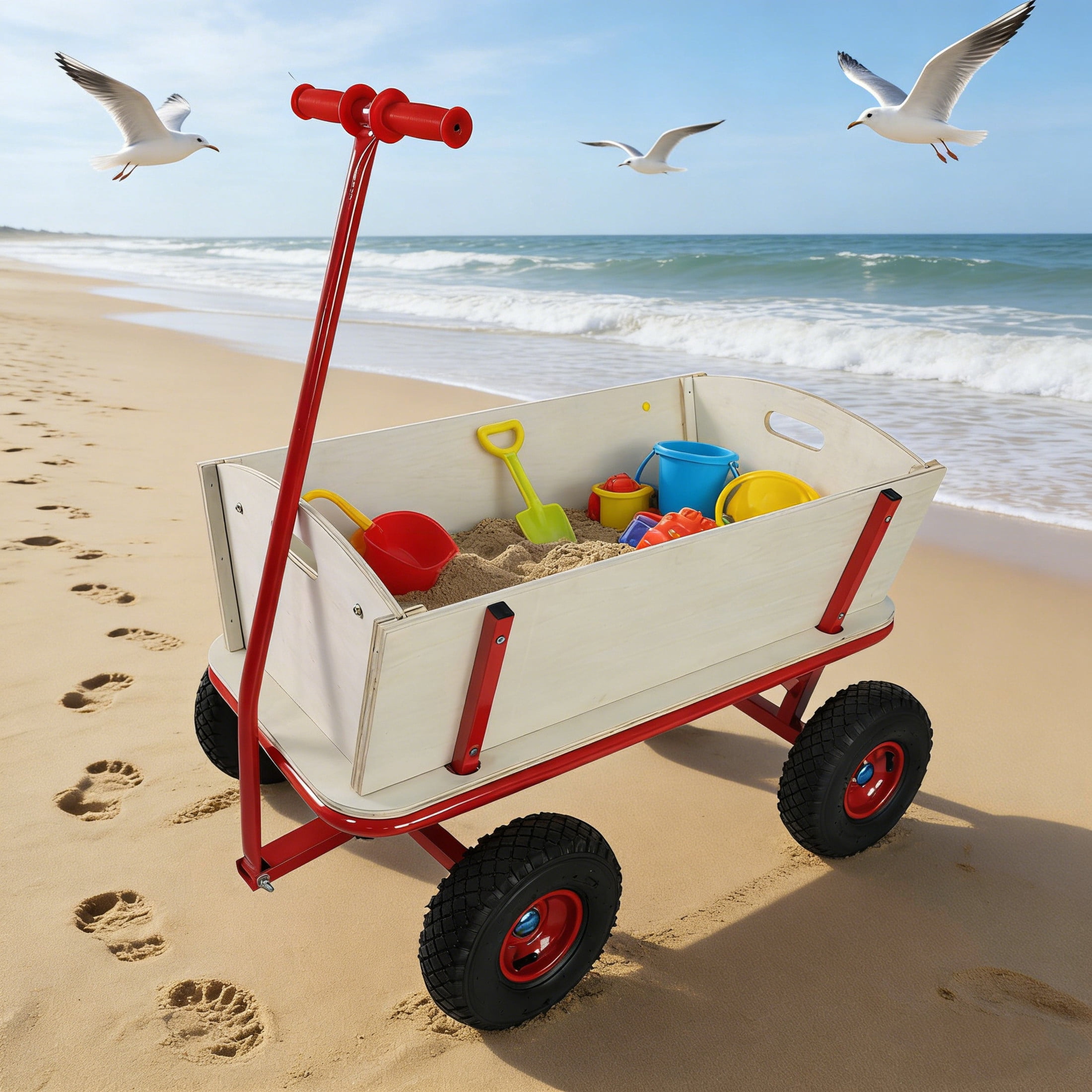GDF Studio Children's Outdoor Wooden Carriage, Heavy Duty Metal Frame Stroller with Rubber Tires, Red & White