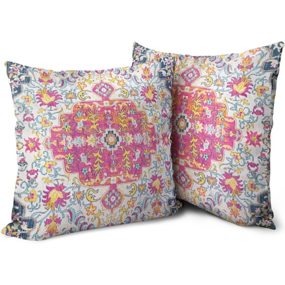 Boho Pink Throw Pillow Covers 18x18 inch Set of 2, Vintage Coral Floral Persian Carpet Double Sided Pattern Soft Plush Cushion Cover for Couch Sofa Bed Decorative, Only Pillowcase (No Insert)