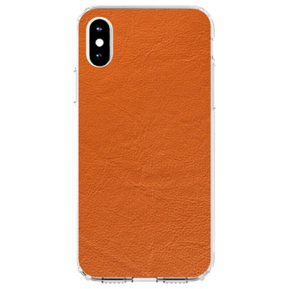 DistinctInk Clear Shockproof Hybrid Case for iPhone XR (6.1" Screen) - TPU Bumper, Acrylic Back, Tempered Glass Screen Protector - Orange Faux Leather Print Design - Printed Faux Leather Image