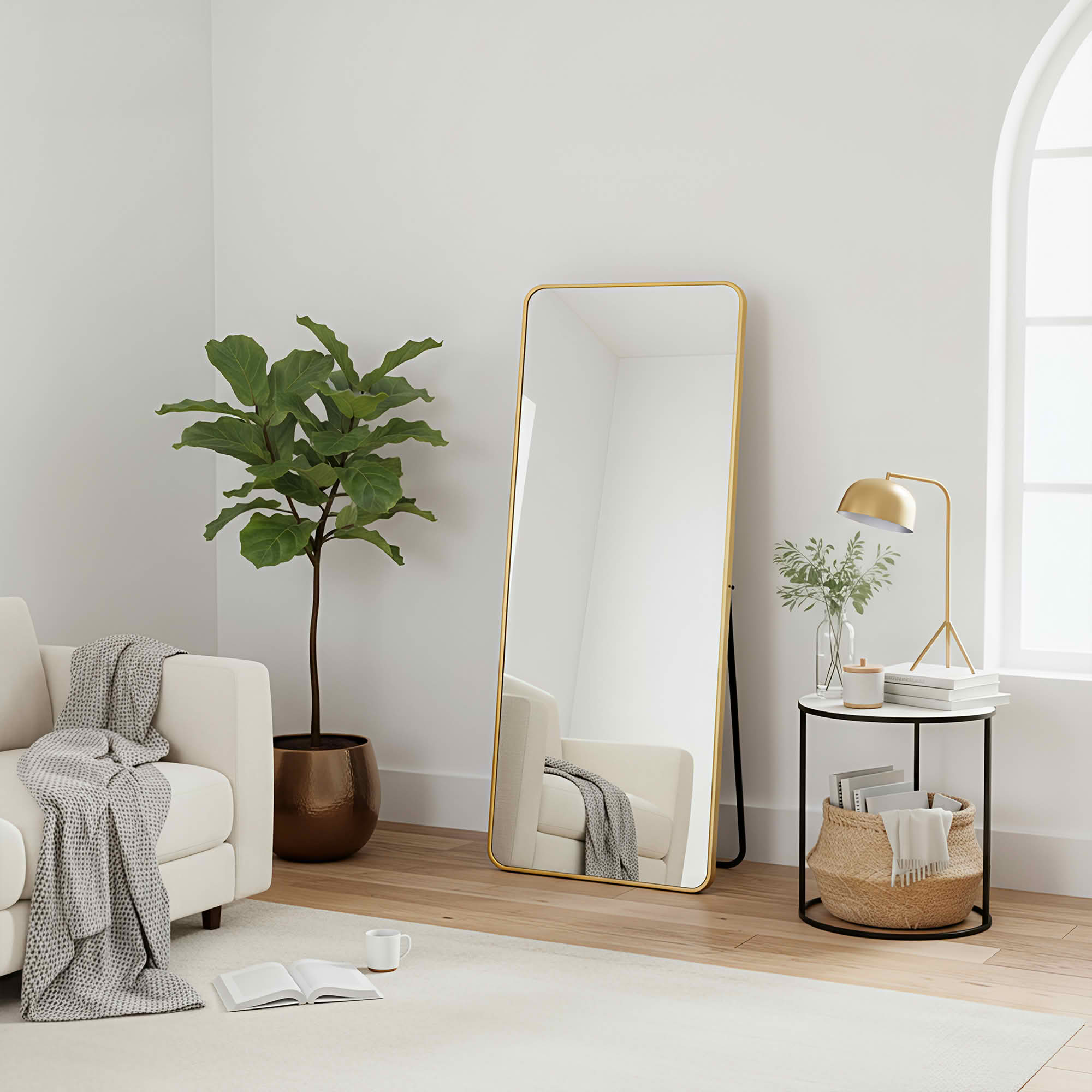 MAYEERTY 71x32in Aluminum Full-Length Mirror, Rounded Corner Tempered Glass With Stand, Gold