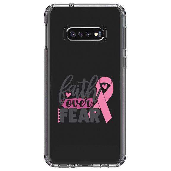 DistinctInk Clear Shockproof Hybrid Case for Samsung Galaxy S10e (5.8" Screen) - TPU Bumper Acrylic Back Tempered Glass Screen Protector - Pink Ribbon Cancer - Faith Over Fear