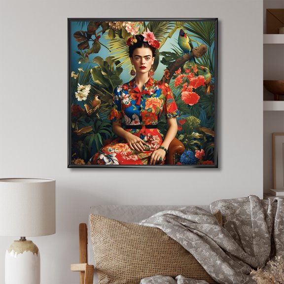 Designart "Frida's Floral Masterpiece Colorful Creations II" People Framed Wall Art - Traditional Red Mexican Art Hallway Framed Wall Art Decor