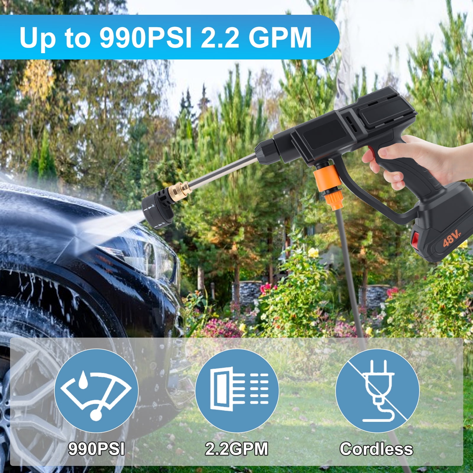 990 PSI Cordless Pressure Washer  ,Portable Handheld Power Washer ,  6-in-1 Swivel Nozzle, 16.4FT Hose,for Car Yard Fence Wall Cleaning and Garden Irrigation ,Black