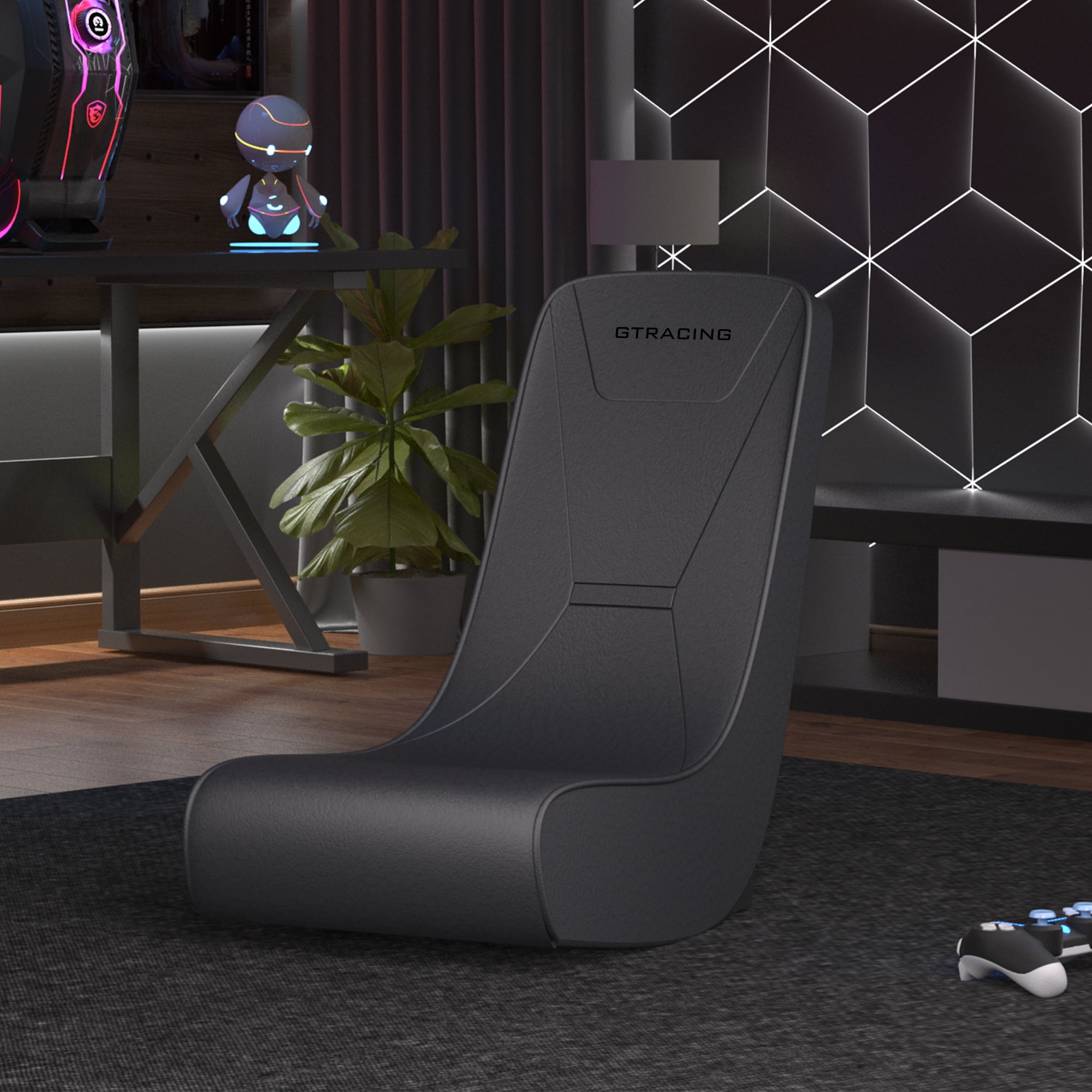 GTRACING Faux Leather Floor Rocker Video Gaming Chair, Black