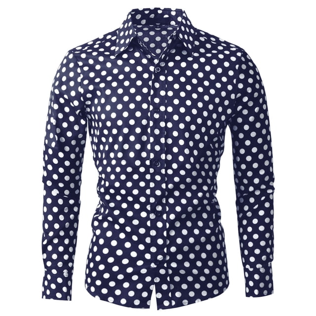 Camisas de hombre con lunares, manlarga, corte ajustado, estampado, camicon botones Azul marino 48