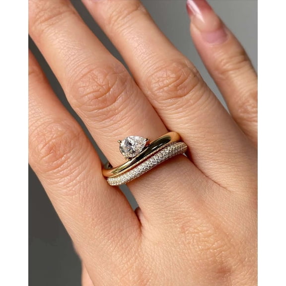 vylahjewellery Unique Pear Cut Moissanite Diamond Engagement Ring Valentine's Day Gift Ring Comfort Fit Vermeil Yellow Gold Curved Pave Solitaire Wedding Ring