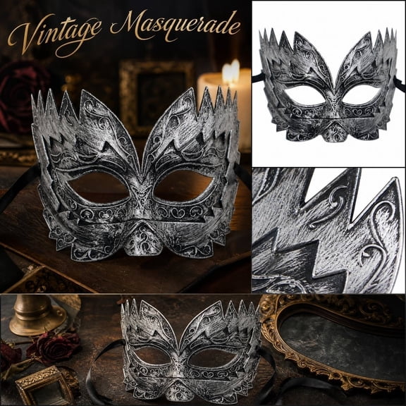 Silver Vintage Masquerade Mask, 8 X 6 Inch Etched Metal Half Face Design, Halloween Accessory for Masquerade Party, Mardi Gras and Stage Performances, 1 Pack