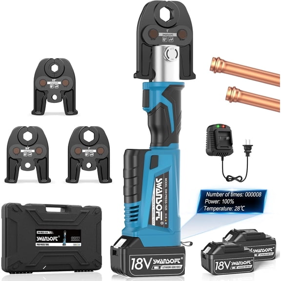 SWANSOFT Pro Press Copper Crimper Tool, 18V 4Ah Electric Hydraulic Pro Press Copper Pipe Crimper Tool with 3 US Compact Jaws 1/2",3/4'', 1" Pipe Crimping, Cordless Plumbing Propress Tool