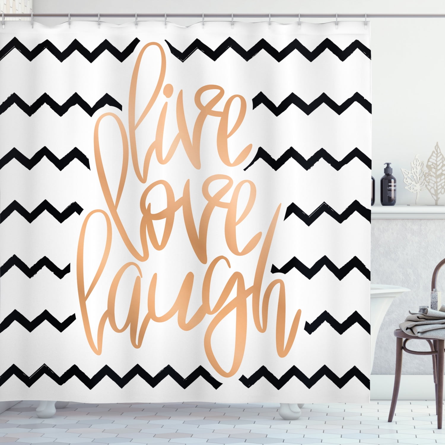 Ambesonne Live Laugh Love Shower Curtain, Chevron Art, 69"Wx84"L, Black