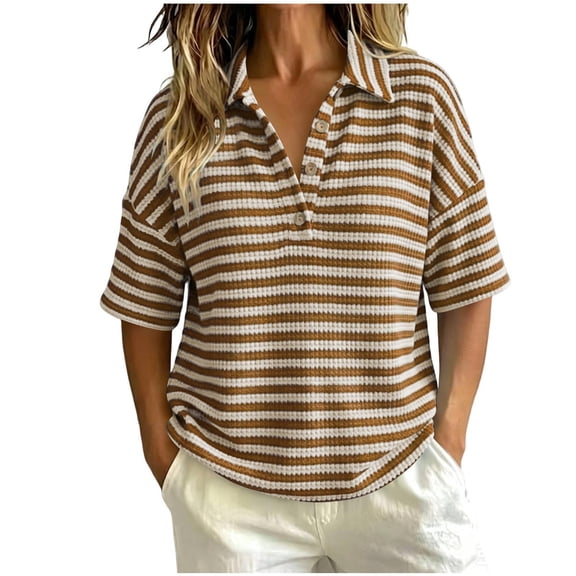 CBASIHI Womens Striped Waffle Knit T Shirts- Collared Loose Fit Summer Casual Trendy Short Sleeve Polo Shirts Brown Size S-2XL
