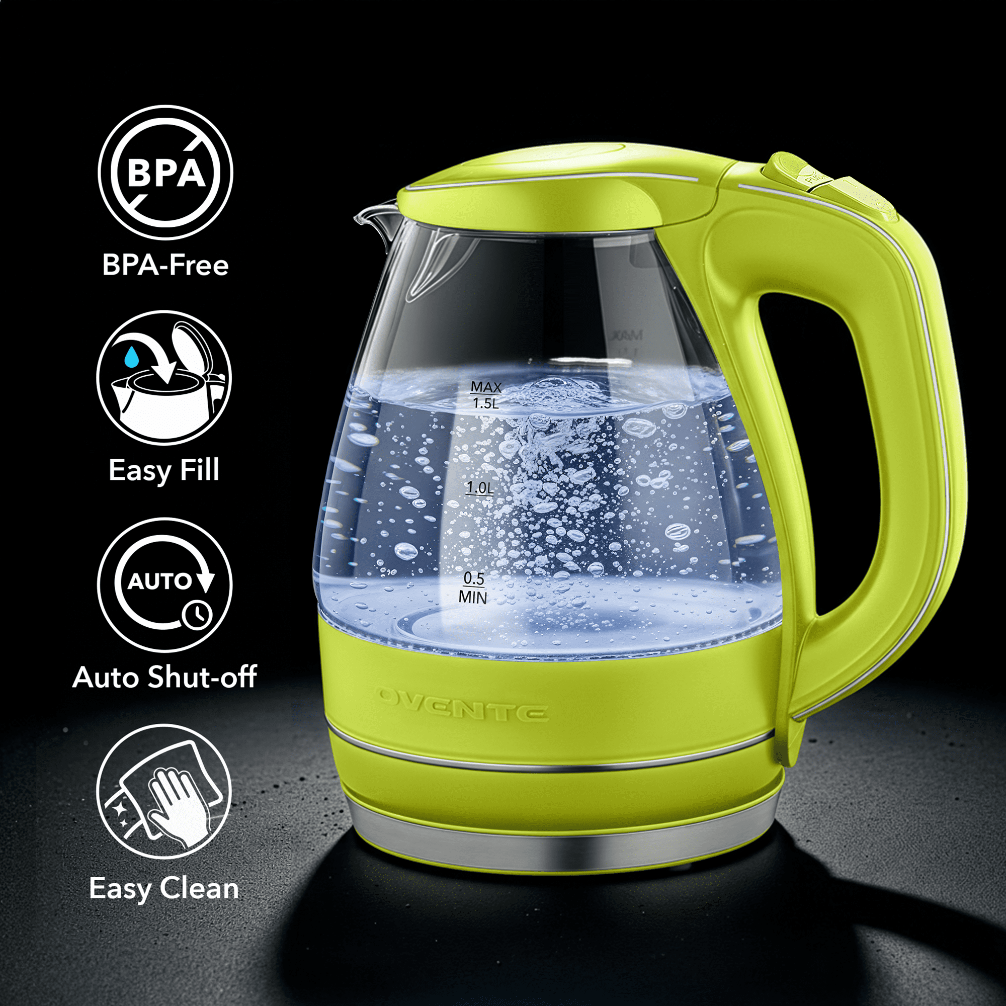 OVENTE 1.5L Glass Electric Kettle Water Boiler, Green KG83G | 1100W Fast Boiling, Borosilicate Glass, BPA-Free, Blue LED, Auto Shut-Off, Boil-Dry Protection, Removable Filter, 360° Base
