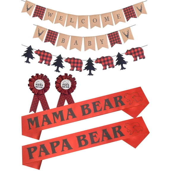 Lumberjack Welcome Baby Shower Decoration, Buffalo Plaid Baby Shower, Timber Plaid Baby Shower, Mama Papa Bear Sashes and Elegant Badges Pin for Baby Shower Decor, Lumberjack Gender Reveal Banner